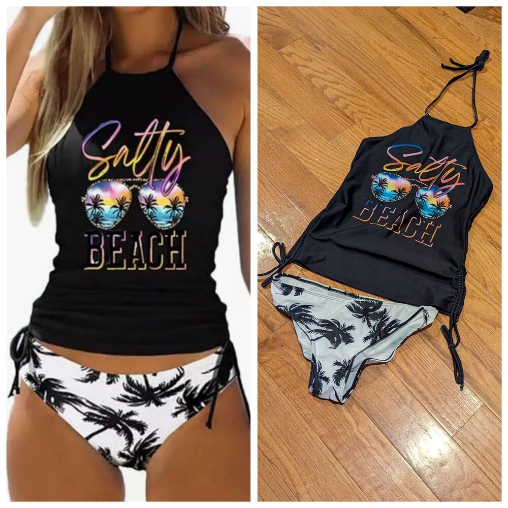 Women's Small Black & White Salty Beach High Neck Two‎ Piece Bikini Resortcore